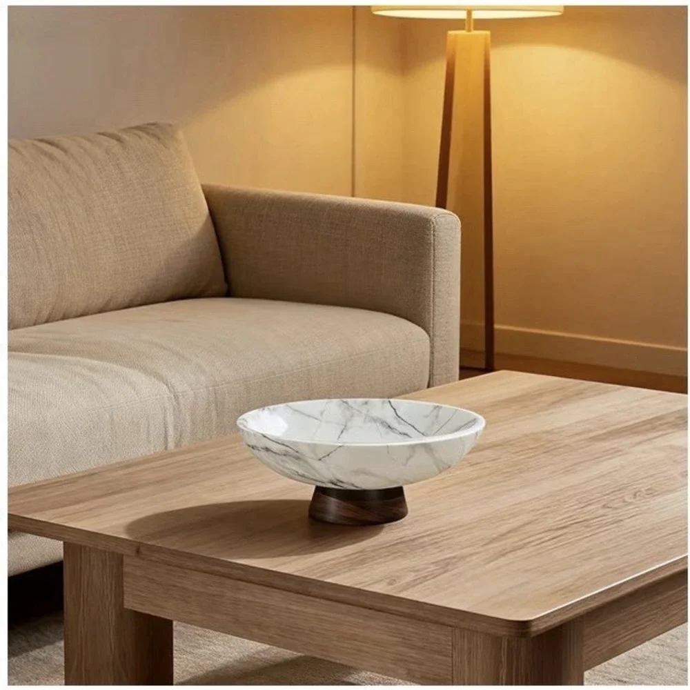 White Marble Texture Decorative Bowl with Acacia Wood Base – 11
